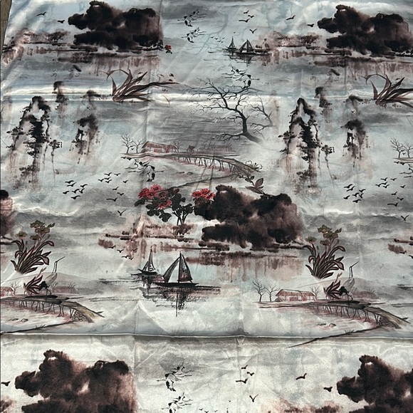 100% Silk Scarf Shaw Wrap Toile Gray Brown, Pink Floral, Boats, Tree - Picture 7 of 11